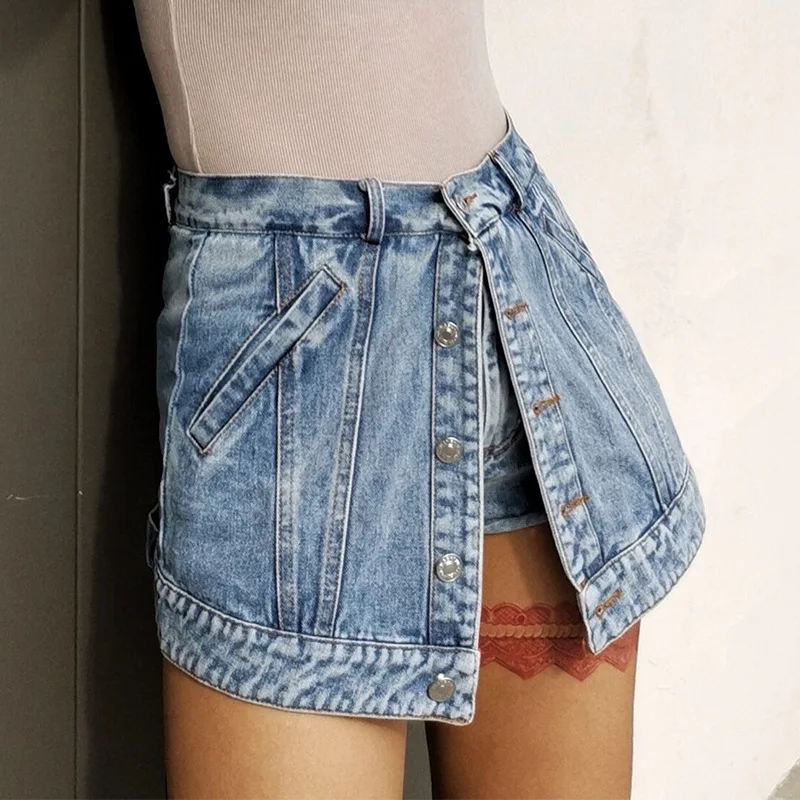 

Women Shorts Single Breasted Ladies Denim Short 2021 Fashion Chic Irregular High Waisted Shorts Skirts Spring Summer Streetwear