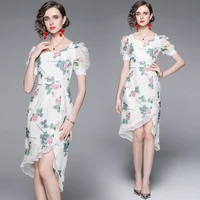 womens new summer french high end temperament square neck bubble sleeve printed skirt short sleeve irregular embroidered dress