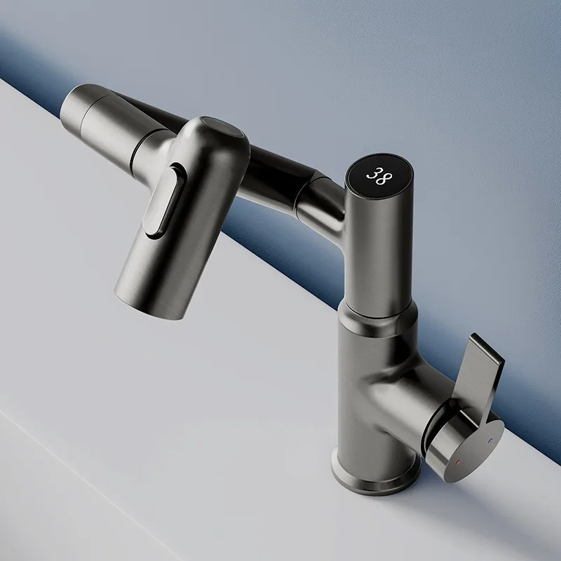 Kitchen Faucet Digital Display Cold and Hot Copper Basin Faucet Mechanical Lifting and Rotating Shampoo and Mouthwash