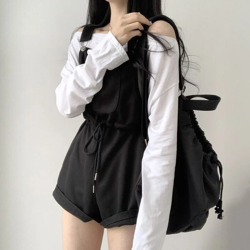 Two-piece Suits 2021 Women Off-shoulder Casual All-match Waist Loose Loose Jumpsuit Shorts Bib + Long-sleeved Bottoming T-shirts