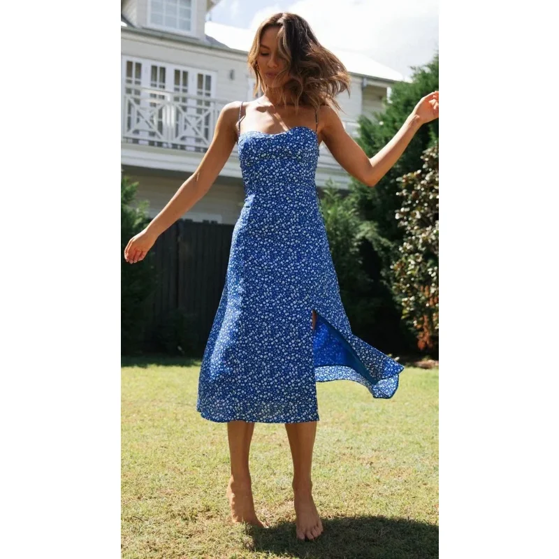 

2023 New Holiday Style Sexy Off Shoulder Lace up Fragmented Flower Dress Split Sling Dress for Women