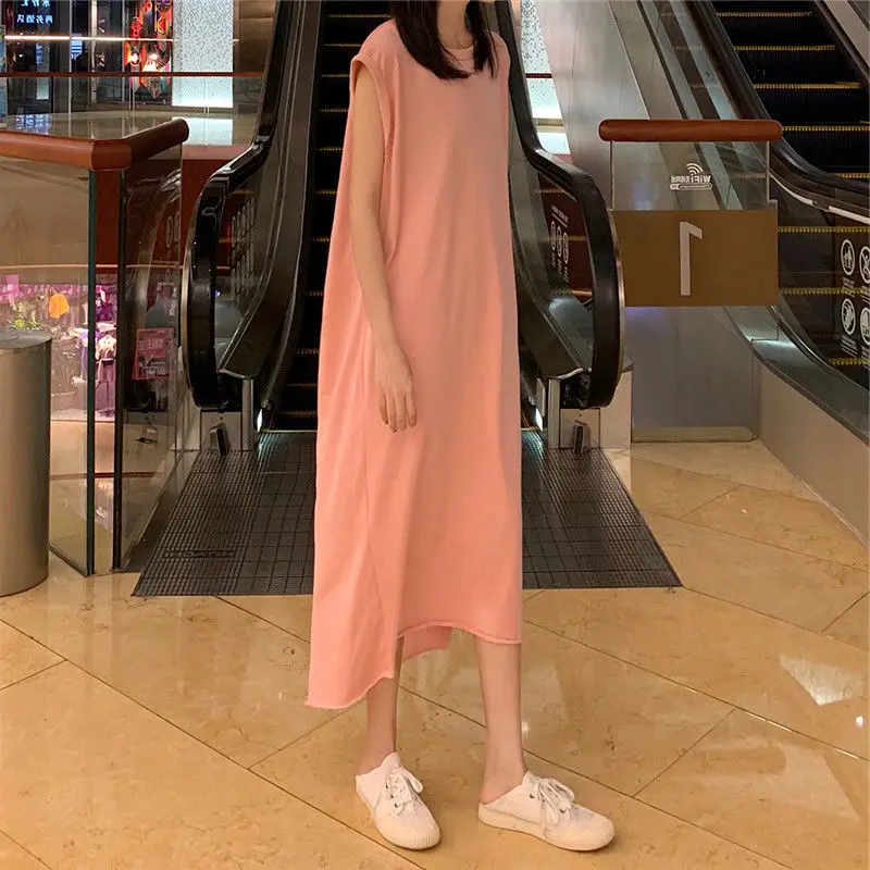 

2022 Summer Woman Solid Color A Line Vestidos Female Casual Sleeveless Knee Dresses Oversize Ladies Fashion Shirt Dress A57