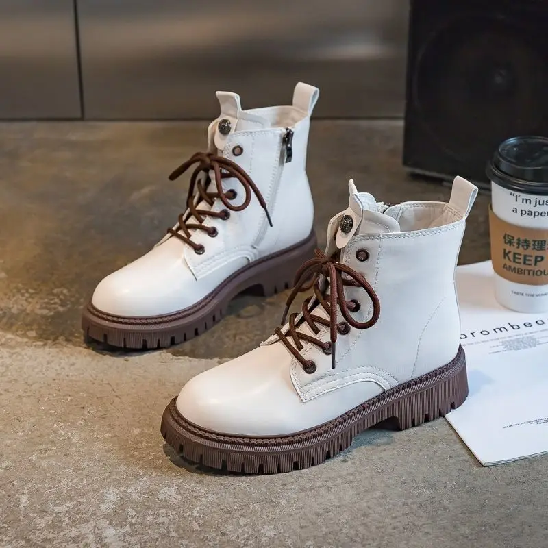 British style women's boots 2022 women's short shoes brown gray thick-soled autumn and winter rubber fashion lace-up nude boots