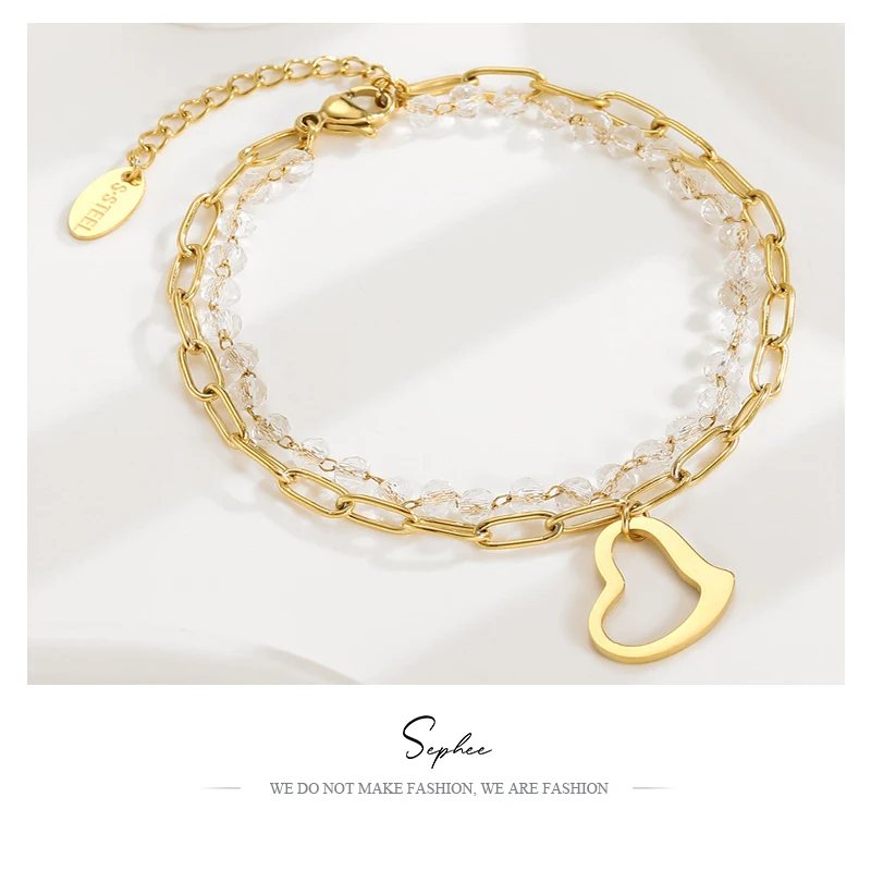 

Double-layer Bracelets for Women Crystal Beads and Gold Chain Bracelet Jewelry 2022 New Trend Titanium Peach Heart Pendant