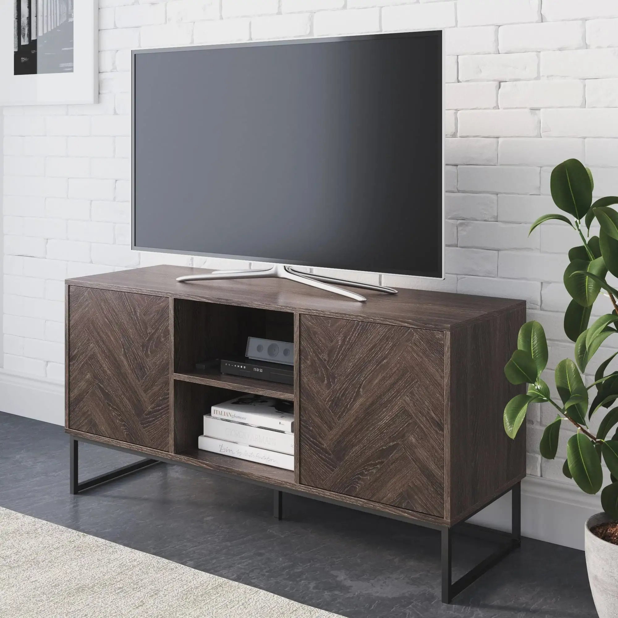 

Media Console Cabinet TV Stand with Hidden Storage Herringbone Pattern Wood Metal, Black