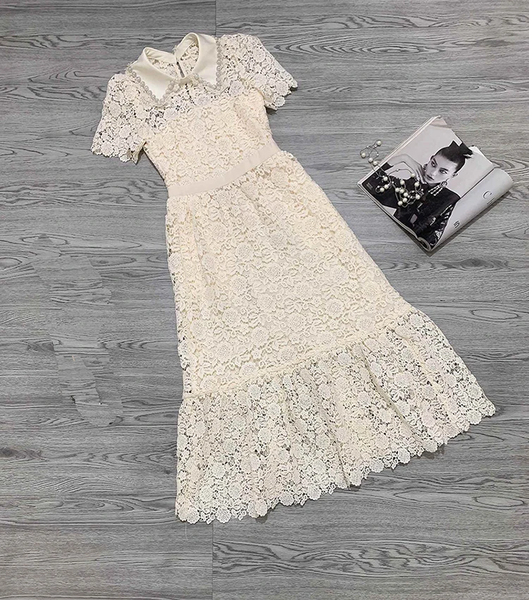 

Creamy White Color Beading Pearls Women Elegant Dress Puff Sleeves Floral Lace Party Vacation Formal Birthday Dresses Clothes
