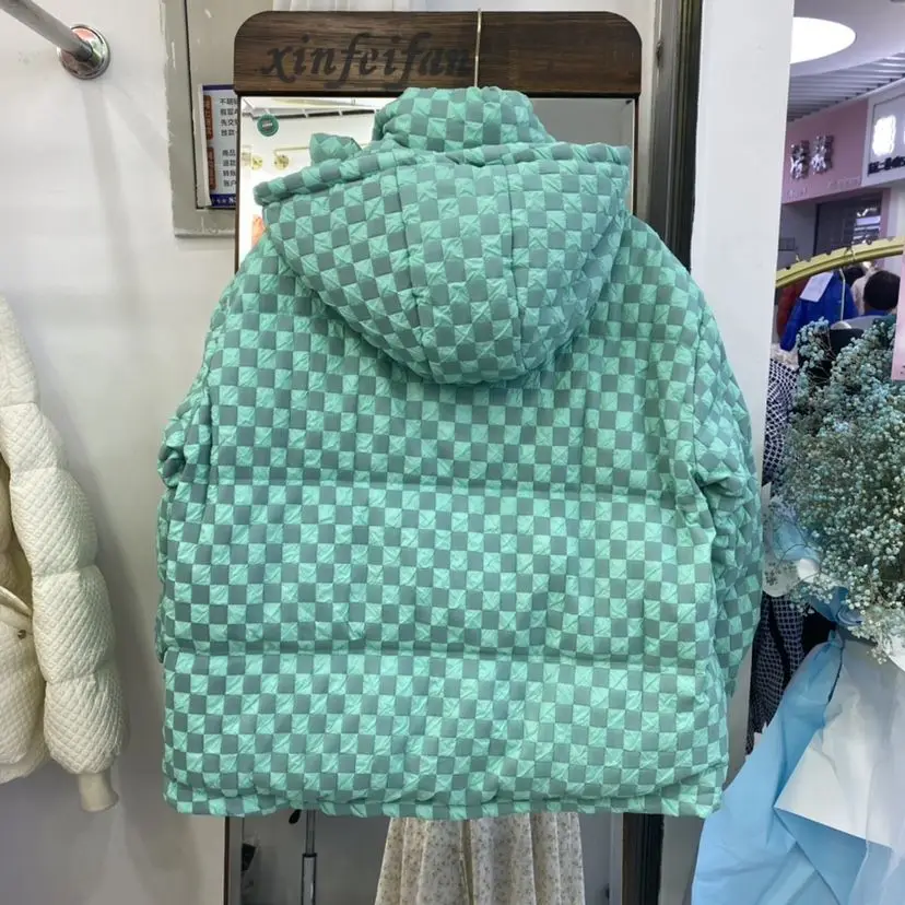 2023 New Winter Hooded Thickening Jacket Women Lattice White Duck Down Short Warm Coat Pockets Buttons Outwaist Tops M56