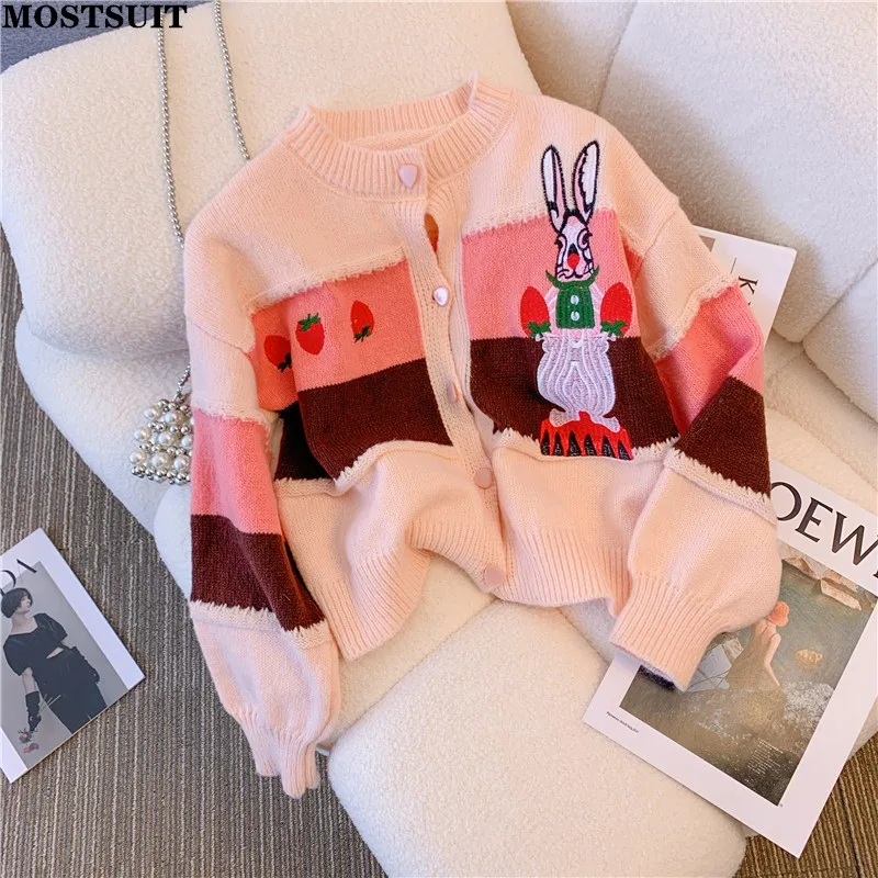 

Cartoon Emrbroidery Knitted Women Cardigan Sweater 2022 Autumn Winter Striped Elegant Fashion Ladies Coat Jacket Tops Mujer