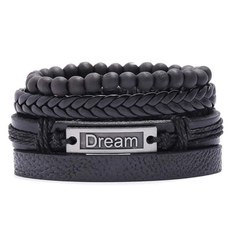 Trendy 4 PCS/Set Black Leather Dream Letter  Bracelets Bracelet Handmade Men's Women's Mix Styles Braided Leather Cuff Bracelet