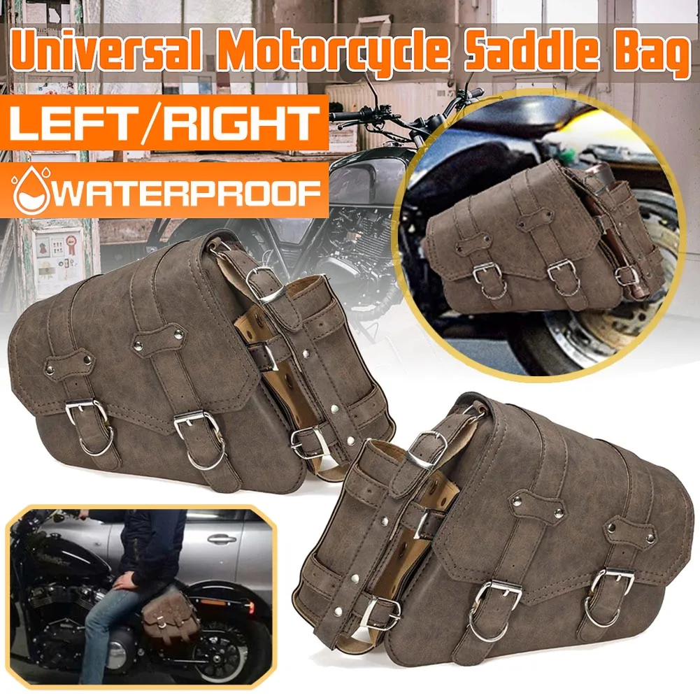 

2pcs Right ＆ Left Motorcycle Side Saddlebag Luggage + Bottle Holder Pu Leather Universal Fit For Most Of Motorcycle