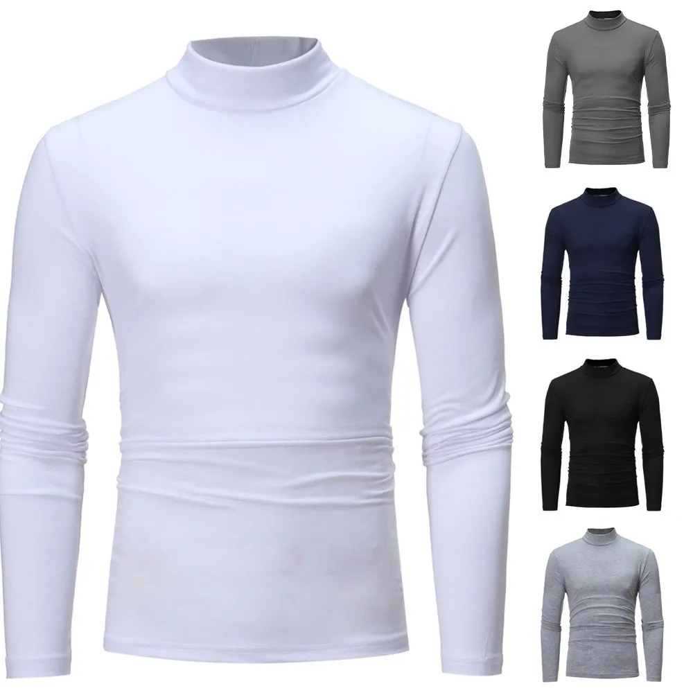

2023 Winter Men Warm Mock Neck Basic Plain T-Shirt Blouse Pullover Long Sleeve Tops Solid Color Shirts Male Outwear Slim Fit