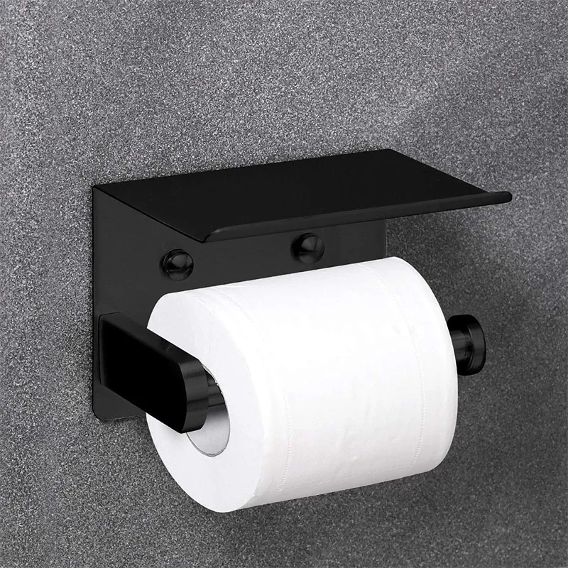 

4X Toilet Paper Holder With Phone Shelf SUS 304 Stainless Steel Wall Mounted Toilet Paper Roll Holder - Black