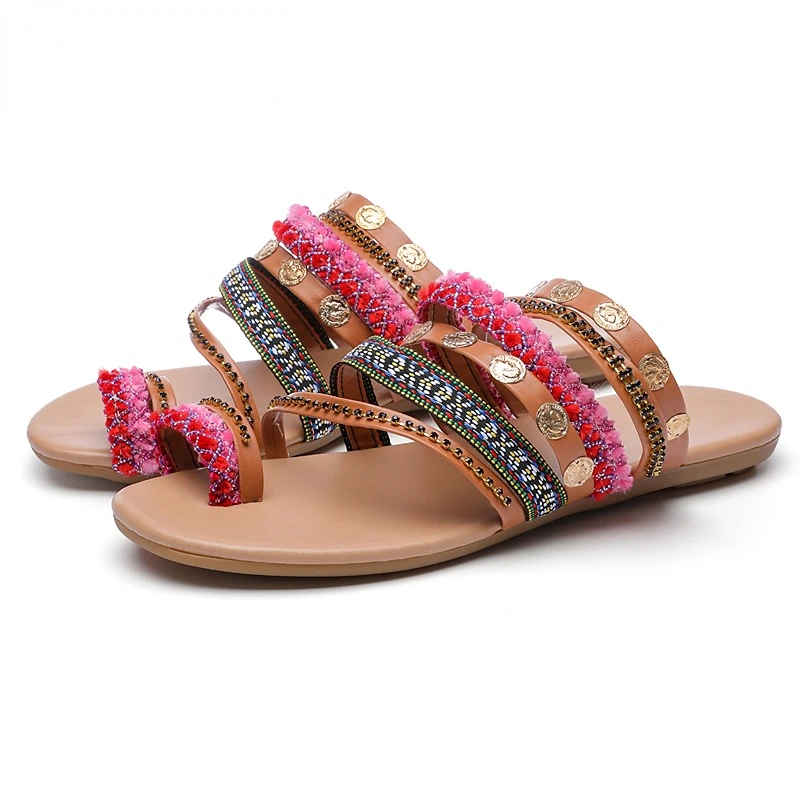 

Women's Bohemian Sandals Summer Flats Female Casual Peep Toe Shoes Slip on Rhinestone Strappy Sandalias For Women