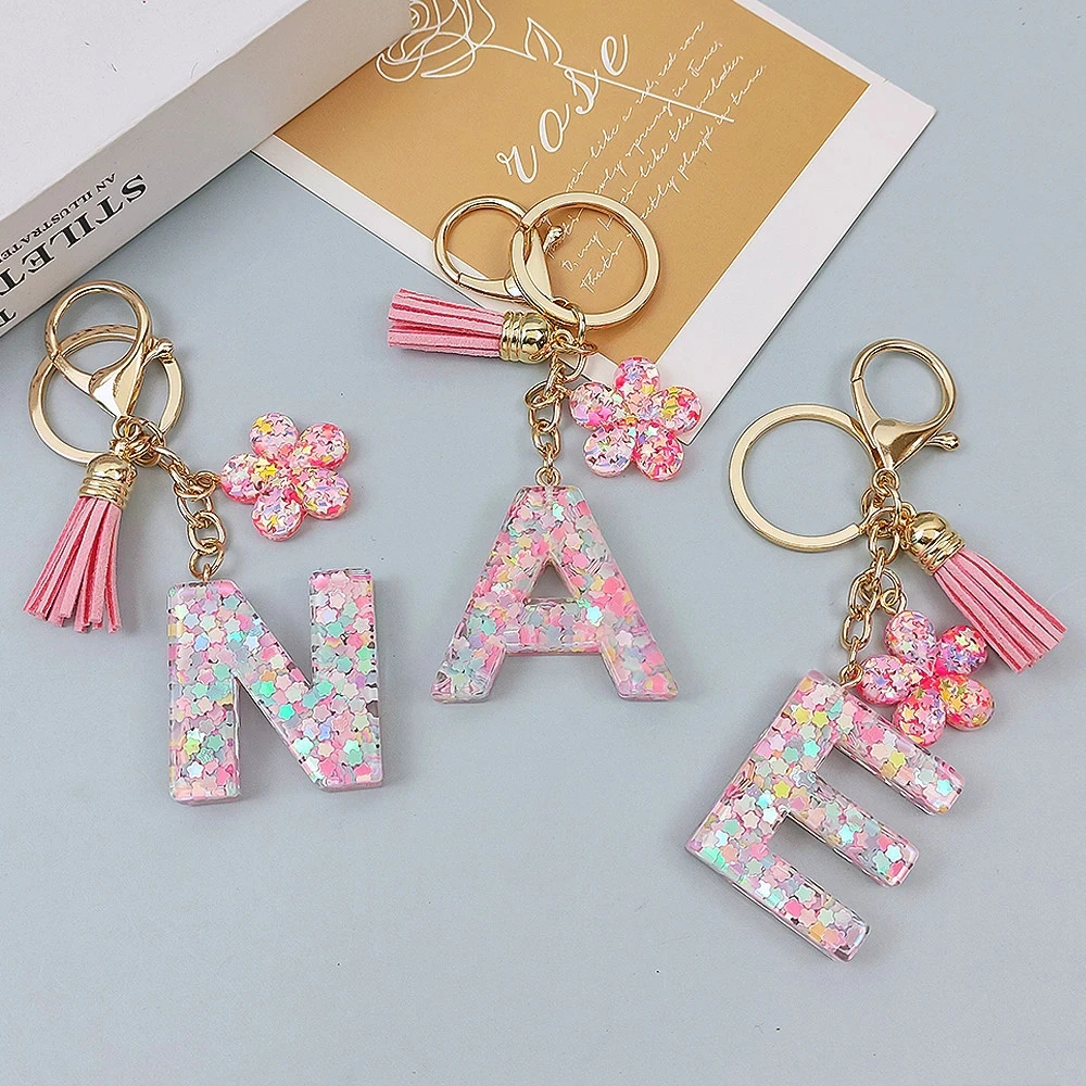 Изысканный мечтательный брелок с блестками и буквами розовый цветок кисточка