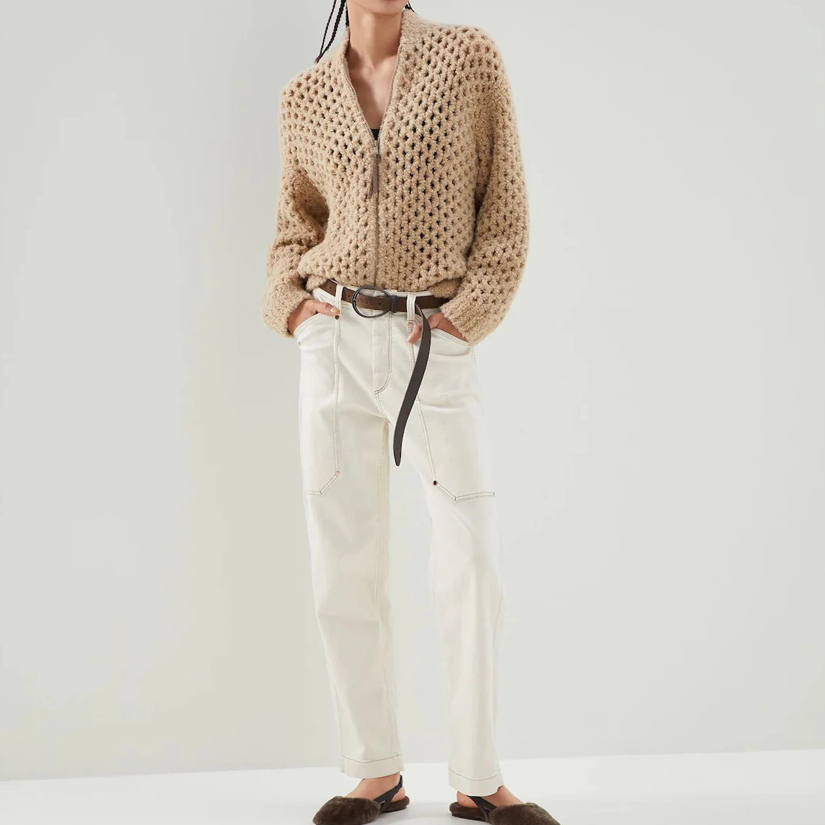 

Повседневный Модный Блестящий кардиган на молнии, вязаный крючком свитер для женщин