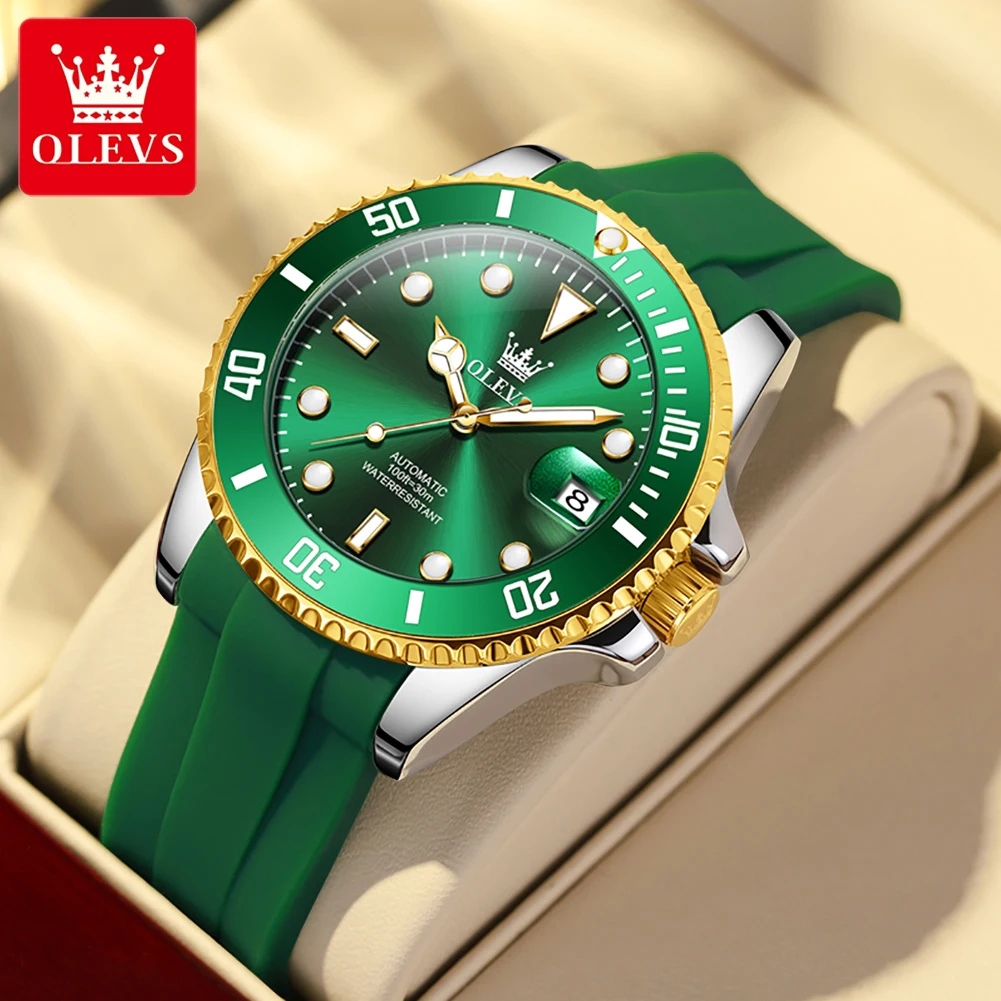 

OLEVS Luxury Green Water Ghost Silicone Strap Calendar Luminous Waterproof Self-wind Men Mechanical Watches Automatic Watch Man