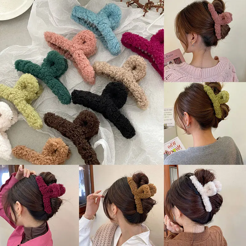 

Faux Fur Lamb Hair Claw Plush Large Shark Clips Women Solid Color Ponytail Holder Elegant Winter Warm Barrettes Hair Accessories