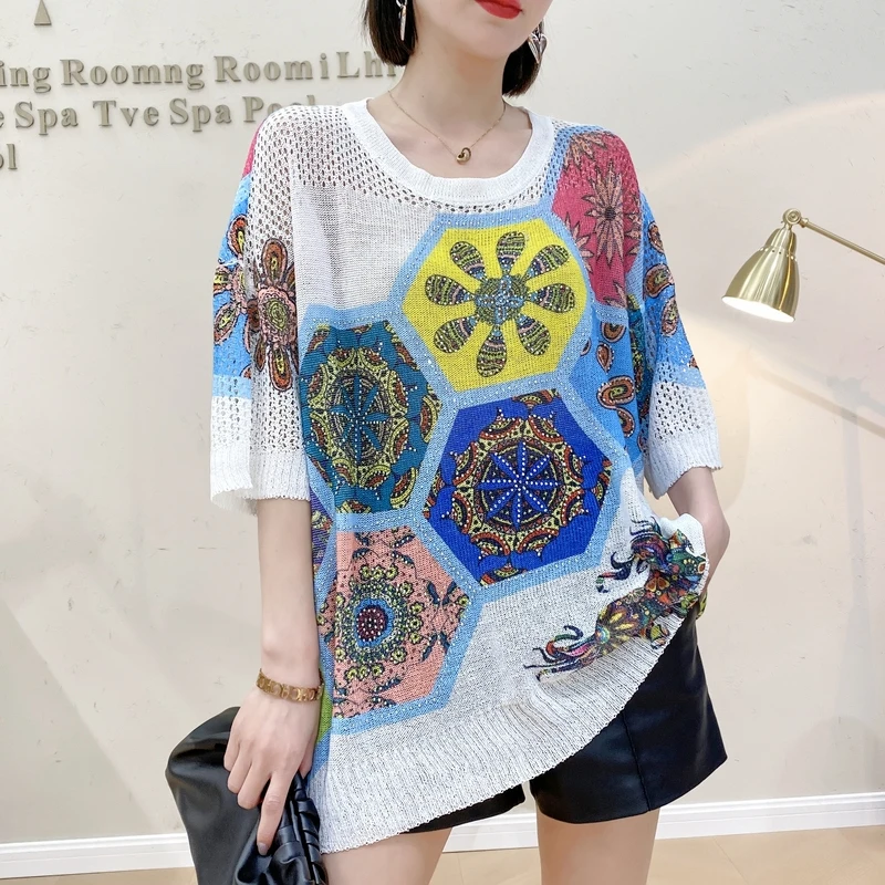 

Large Size Printing T-shirt Short-sleeved Pullover Korean Knitted Sweater Summer Printing Lazy All-match