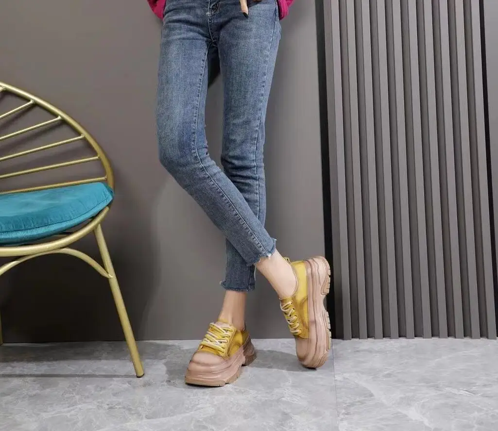 Genuine Leather Shoes For Women 2022 New Thick-Soled British Style Sports Casual Shose Comfy Breathable Fashion Platform Shoes