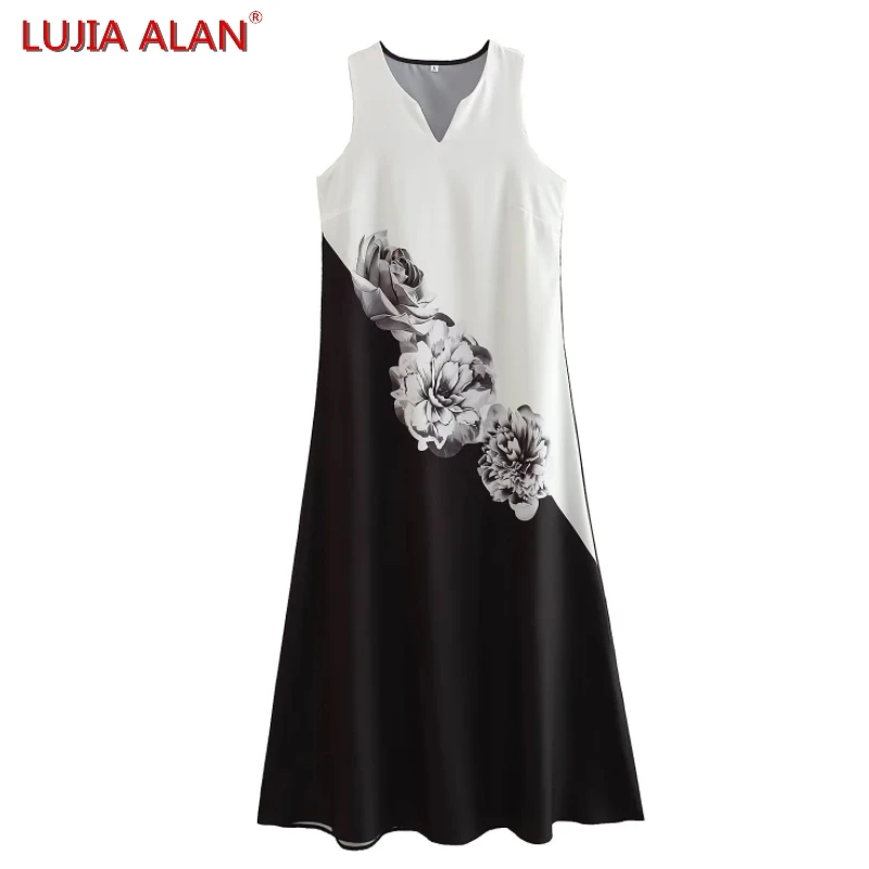 

Summer New Women Patchwork Printed Loose Midi Dress Female Casual V-neck Sleeveless Vestidos LUJIA ALAN WD2719