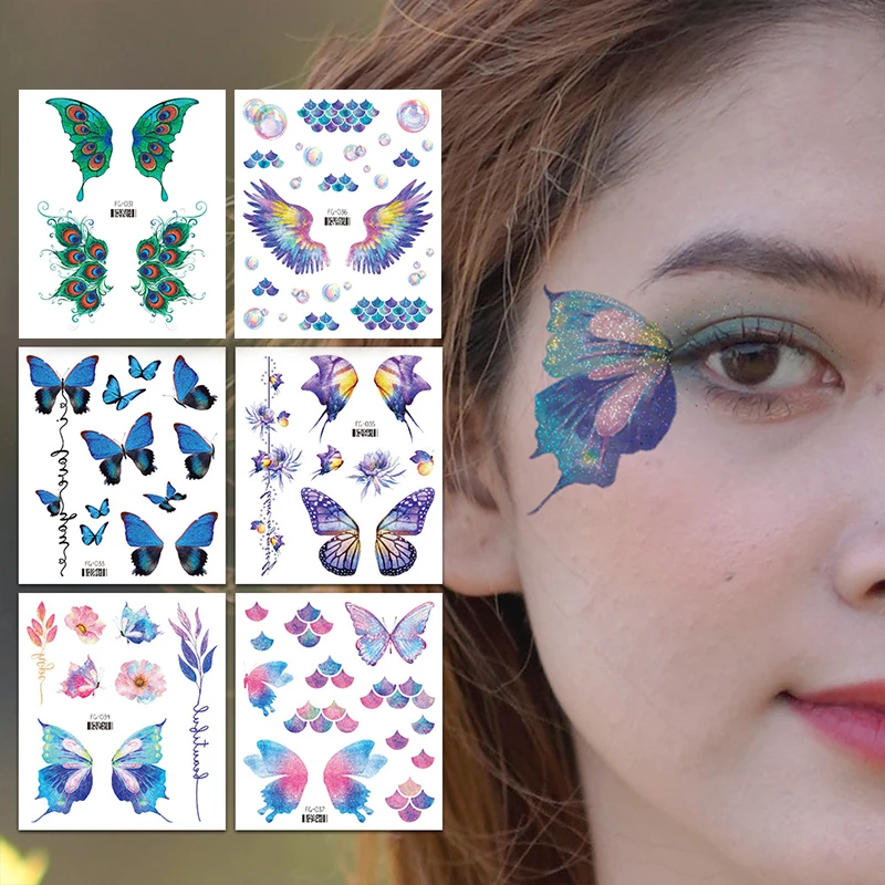 Fairy Shiny Glittering Butterfly Tattoo Sticker Waterproof Eyes Face Stickers Body Art Fake Tattoos Dance Music Festival Makeup