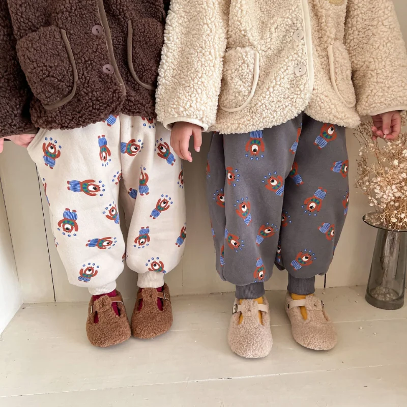 

Children's Lining Velvet sweatpants Cartoon Printed Boys warm Trousers Girls Thick Loose pants