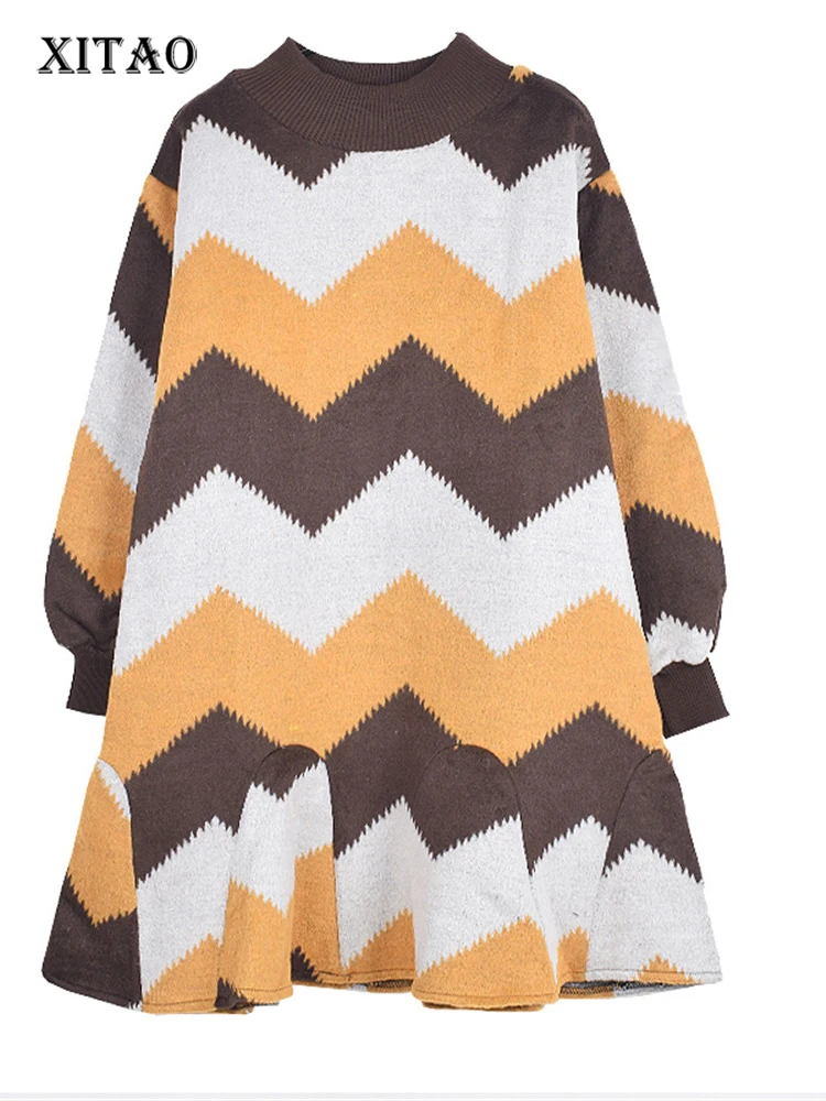 

XITAO контрастное вязаное мини-платье, модный свободный комбинированный пуловер для женщин, новинка зимы 2021, теплое базовое платье WS2078