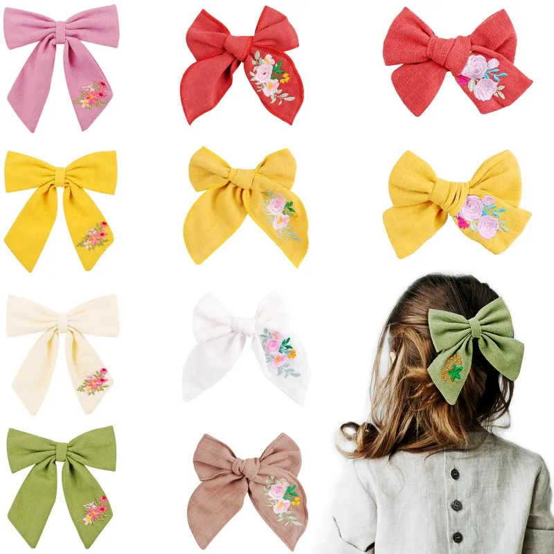 

5 inch Embroidery Hair Bows Flower Hair Clips Cotton Linen Barrette Baby Girls Big Bow Hairpins Children Infant Hair Accessories