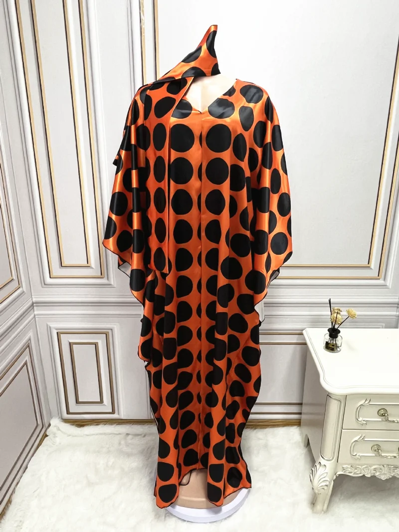 

With Headtie African Style Dresses for Women 2023 Traditional Nigeria Dot Print Caftan Dress Abaya Musulman Robe Femme Clothing