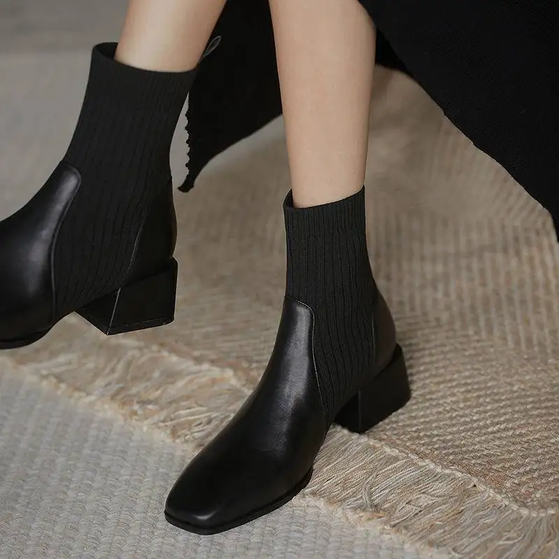 2023 Autumn Winter New Ankle Socks Shoes Women Fashion Large Size 42 Knitted Short Boots Women Slip On High Heels Botas De Mujer