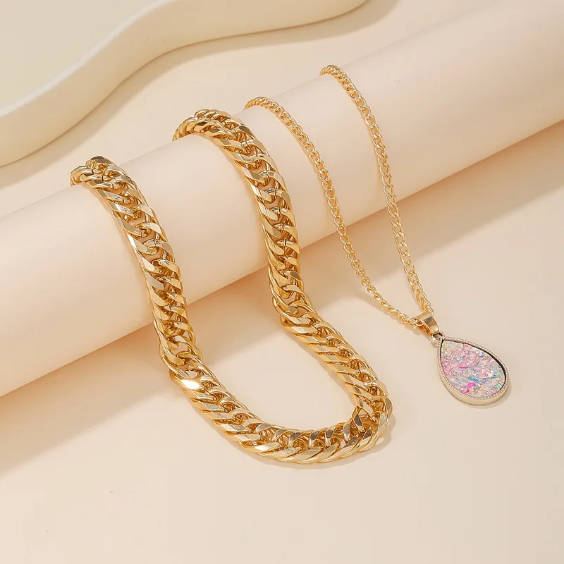 

Brazil Gold Color Chunk Chain Layered Necklace with Water Drop Pendant for Women Daily Wear Jewelry