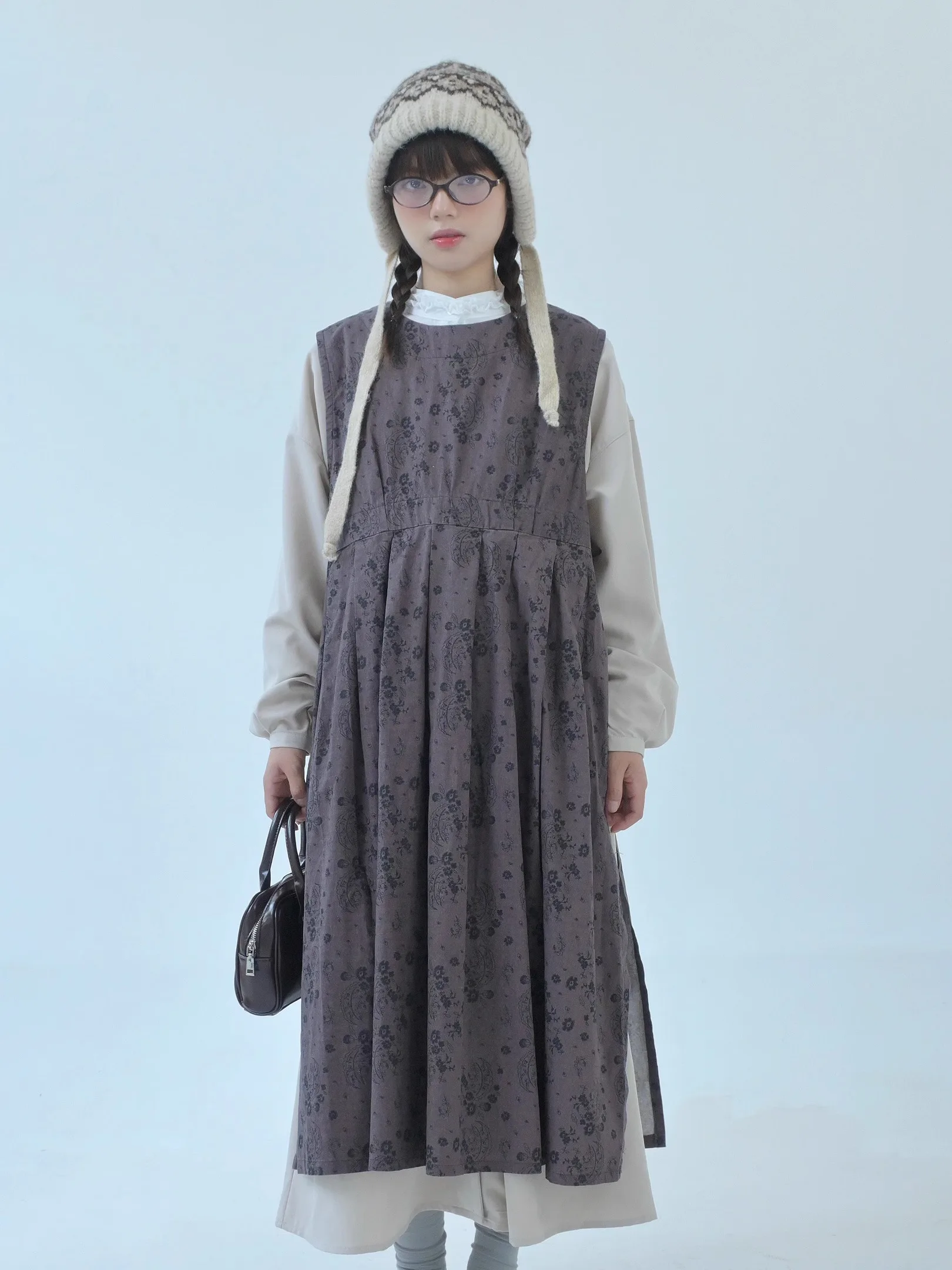 Japan fashion [Chic Double Purpose] Pure Cotton Floral Retro Pleated Stacked Vest Dress Cover up