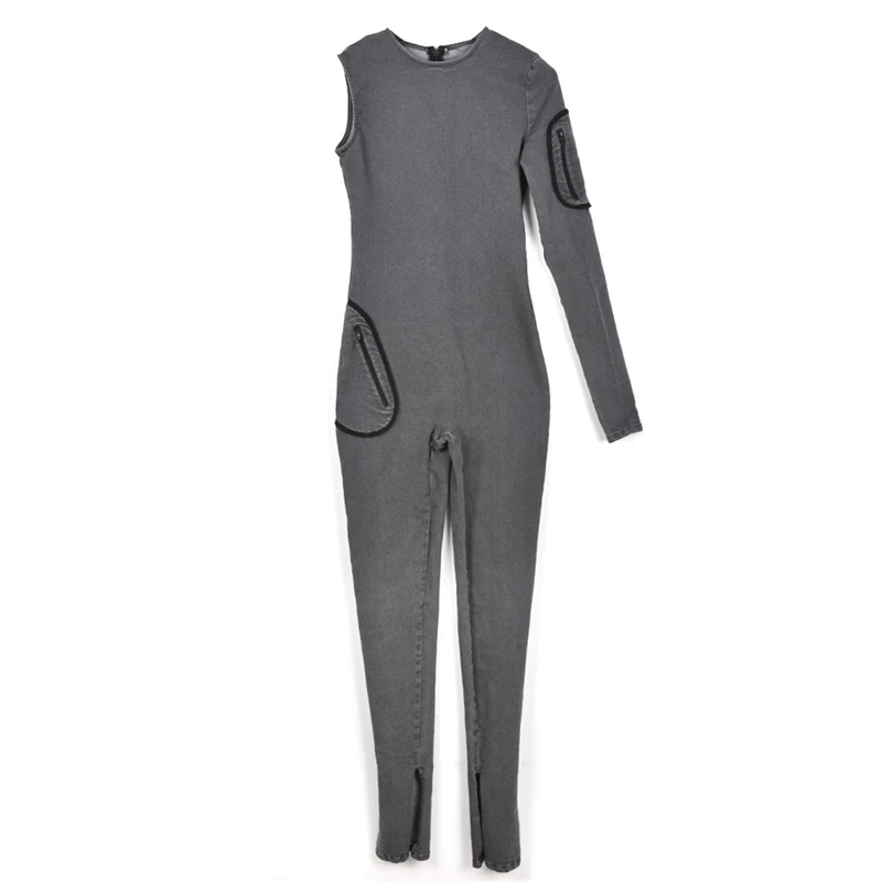 Sexy One Shoulder Long Sleeve Zipper Skinny Overalls Split Flare Pants Y2K Streetwear Women Gray Pockets Jeans Jumpsuit