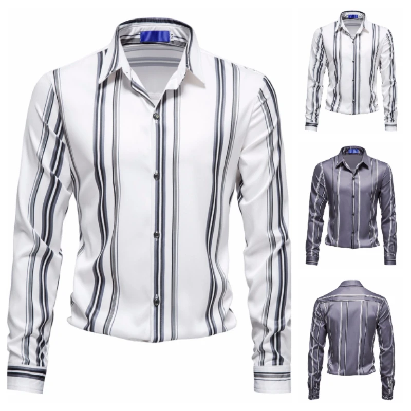 

2023 Autumn and Winter New Men's Long Sleeve Shirts Light Business European Stripe Printed Mens Shirts Casual Long Sleeve Shirts