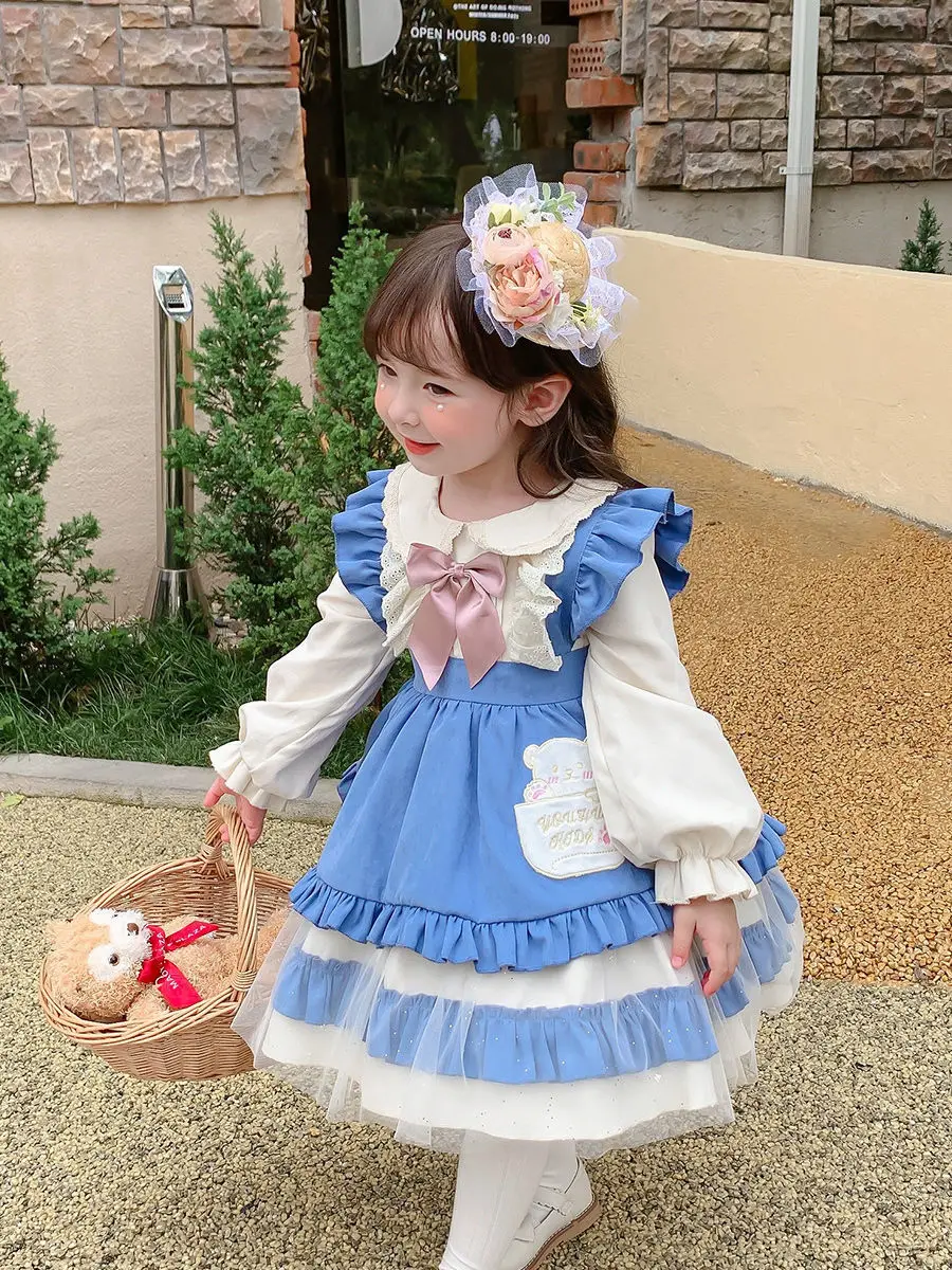 

2022 Spring Summer Toddler Girls' Skirts Lolita Style Blue Bow Pleated Dresss Baby Dress Princess Dress for Girls for 2-7Years