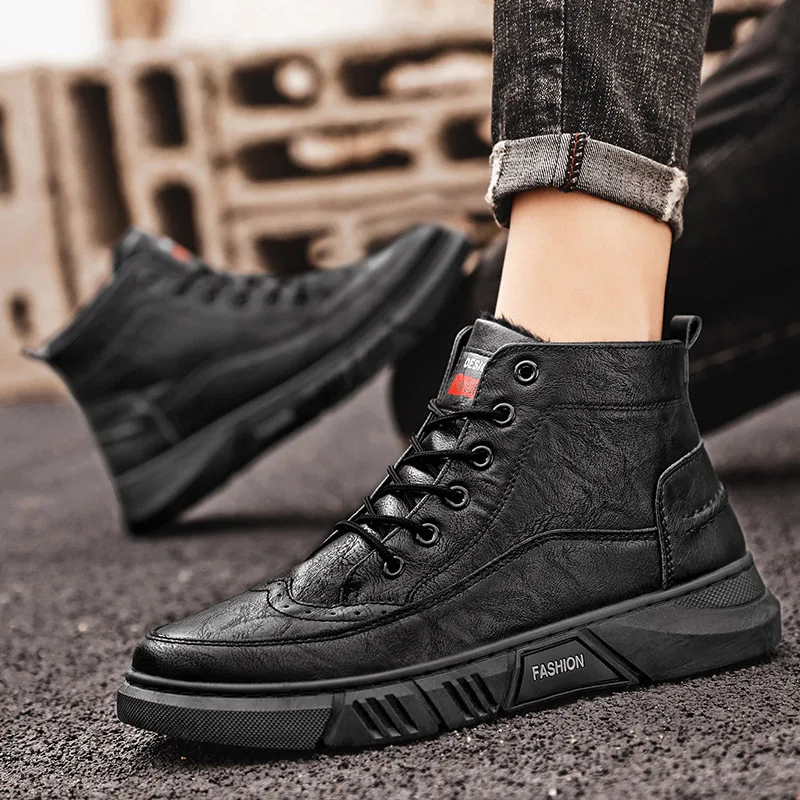 

Men Boots Men Casual Shoes PU Solid Color Plus Velvet Round Shape Flat Lace Anti Slip and Waterproof Men Work Shoes