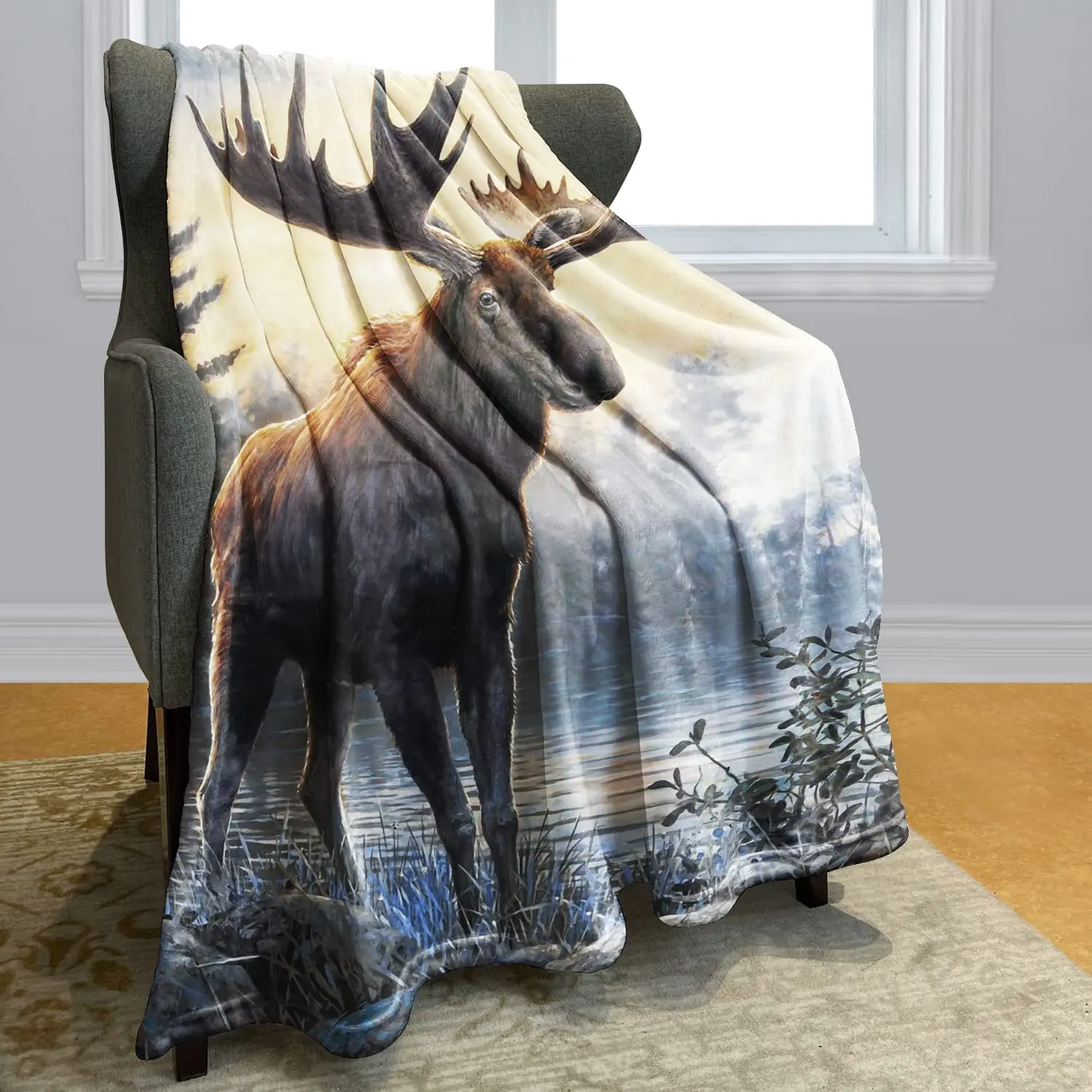 

50x60 Inches Blanket Throw Comfort Warmth Soft Cozy Air Conditioning Easy Care Machine Wash Northern Moose