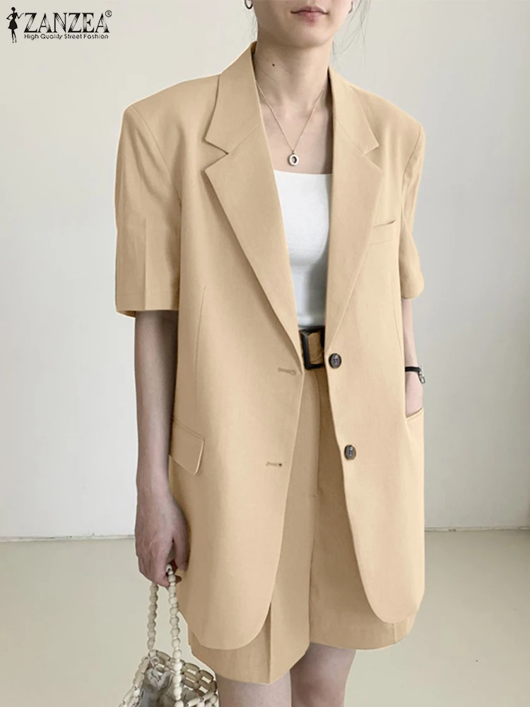 

Комплект ZANZEA летний офисный однотонный с отворотом, хлопковая блузка с рукавом до локтя, шорты с широкими штанинами, элегантный модный наря...