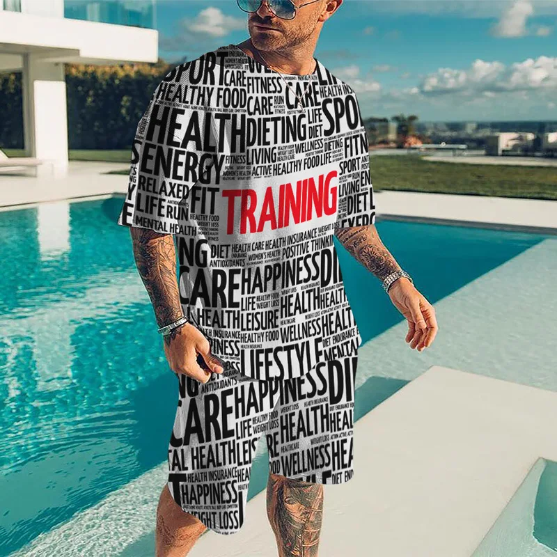 

Summer Men's Set 3D Printed Striped Letters Fashion Oversized Shirt and Pants Men's Tracksuit O-Neck Casual Shorts Set Sweatsuit