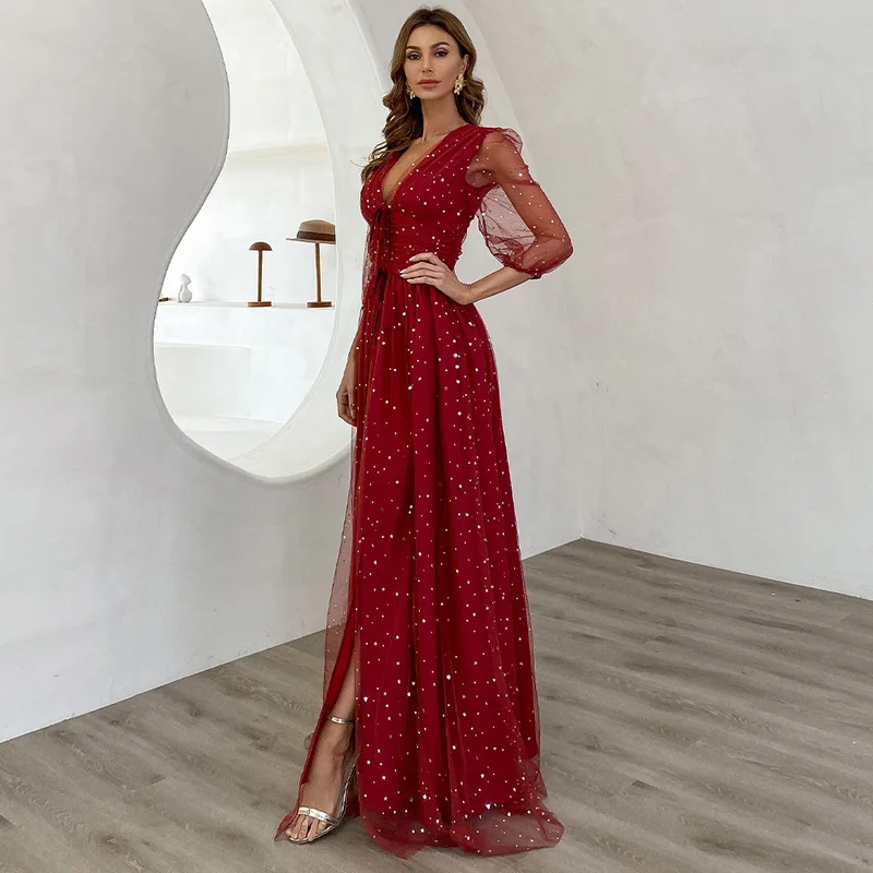 Red Tulle Long Party Dress V-Neck Pleat Split Puffy Sleeves Formal Gown Half Sleeves Women Dress 2022 Fashion Dresses