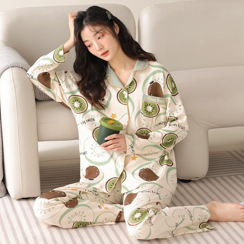 Yasuk Spring Autumn Fashion Women Casual Soft Print Sleepwear Homewear Pajamas With Pants Sweet Kiwifruit Girl Simple Cotton