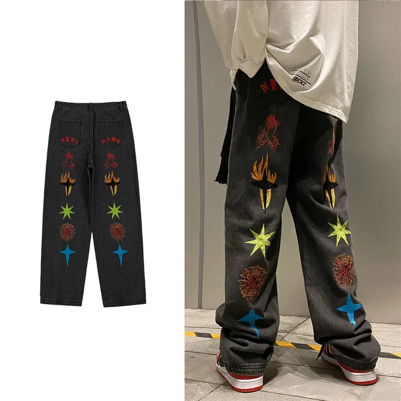 

Vintage Mens Jeans Hip Hop Tide Brand Embroidery Wide-leg Trousers Autumn Vibe Style American High Street Women Straight Pants