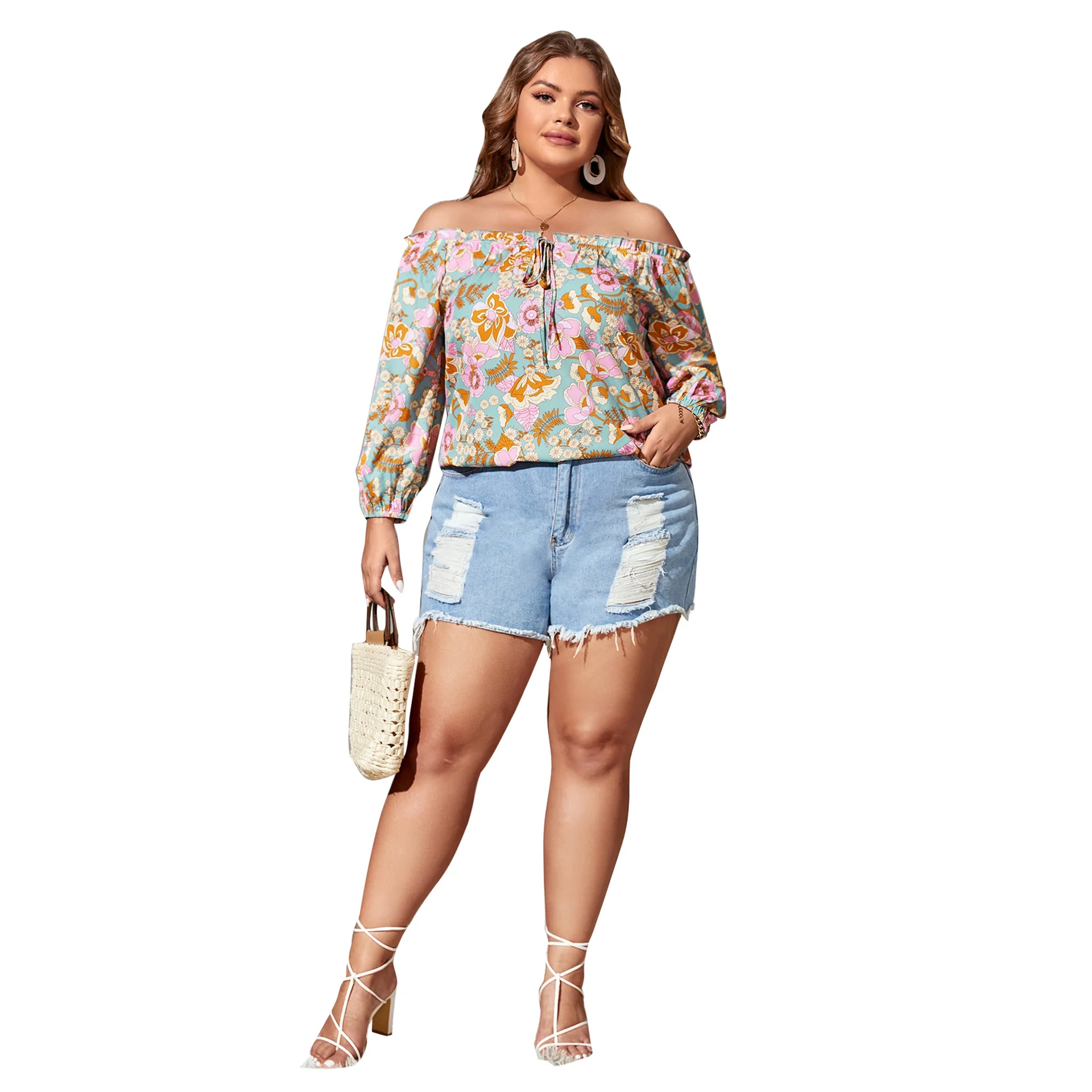 Plus Size Women Clothing Oversized Floral Print Off Shoulder Bubble Sleeve Shirt Top Fashion Woman Blouses Casual Female Clothes