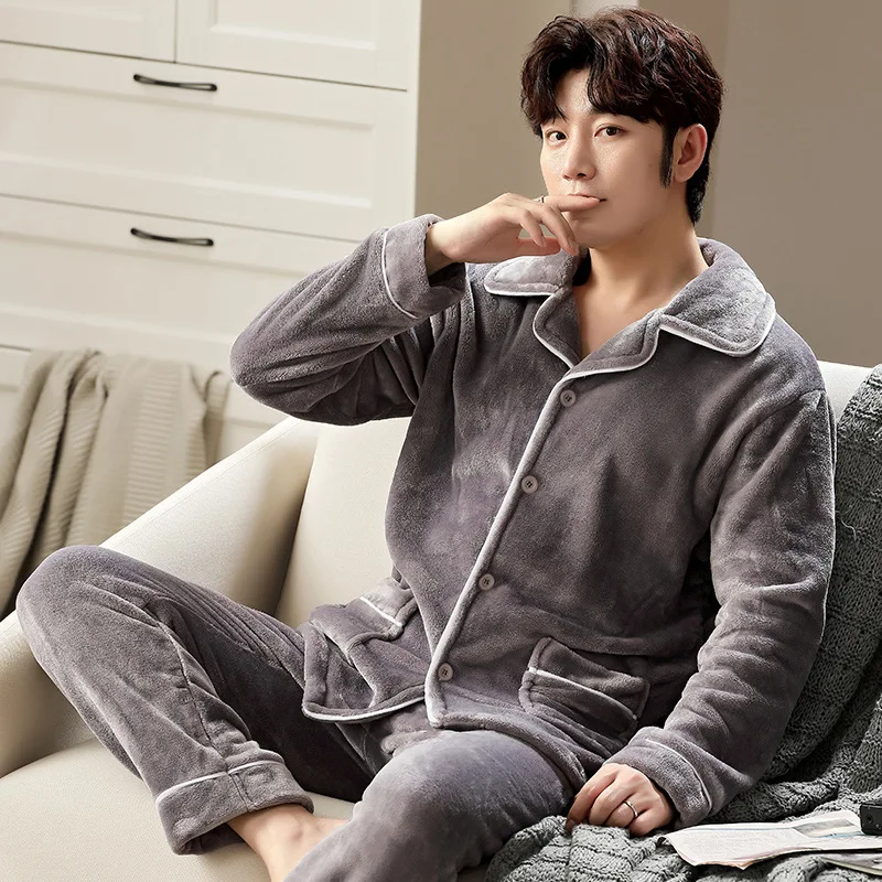 Autumn And Winter Men's Pajamas Set Thickened Coral Fleece Cardigan Home Clothes Warm Flannel Pajamas Set