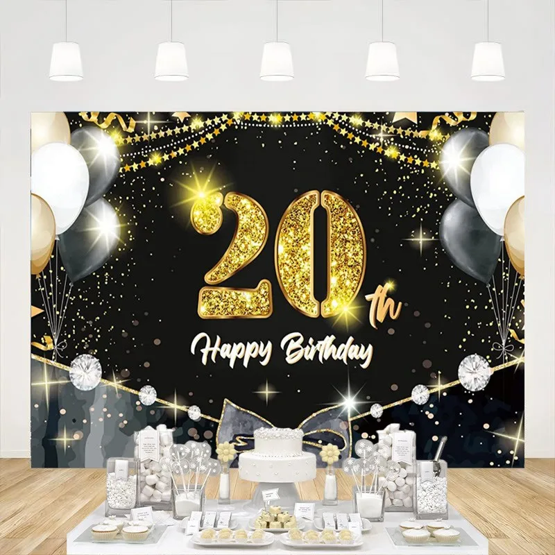 

Black Gold Happy 20th Birthday Party Photography Backdrop Diamonds Transparent Bow Background Twenty Years Old Decoration Banner