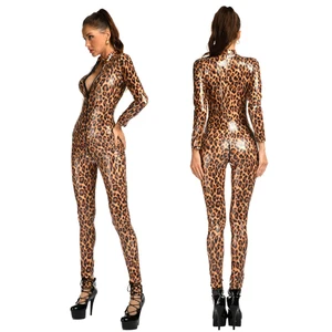 AIIOU Sexy Leopard Bodysuit Wet Look Faux Leather Catsuit Hot Erotic Women Zipper Open Crotch Jumpsu