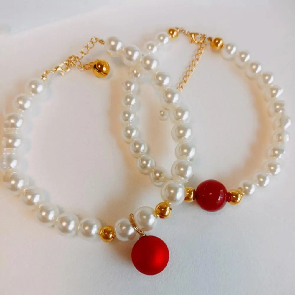 

Pet Puppy Collar Faux Pearls Decor Anti-fade Cat Dogs Princess Collar Necklace with Bell for Christmas
