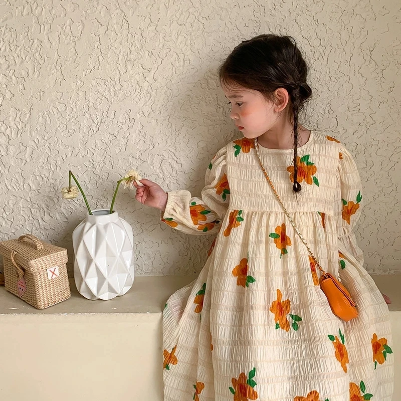 

2022 Spring Baby Girls Floral Printed Princess Dress Long Sleeve Korean Style Cute Robe Children Vacation Dresses