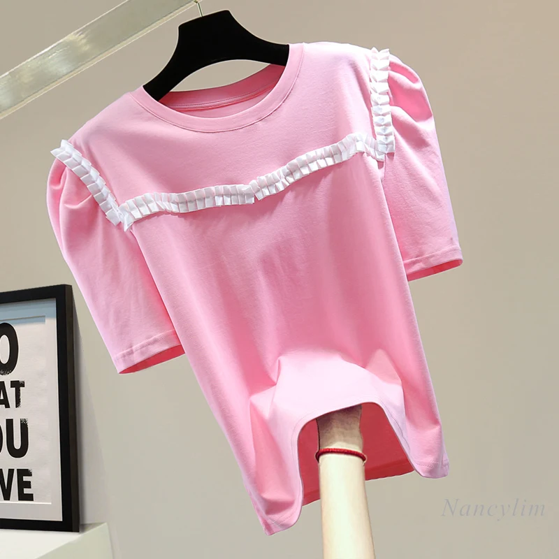 

2022 Summer Sweet Pink Tshirt Pleated Stitching Short Puff Sleeve T-shirt Korean Style Round Neck Casual All-Match Ladies Tops