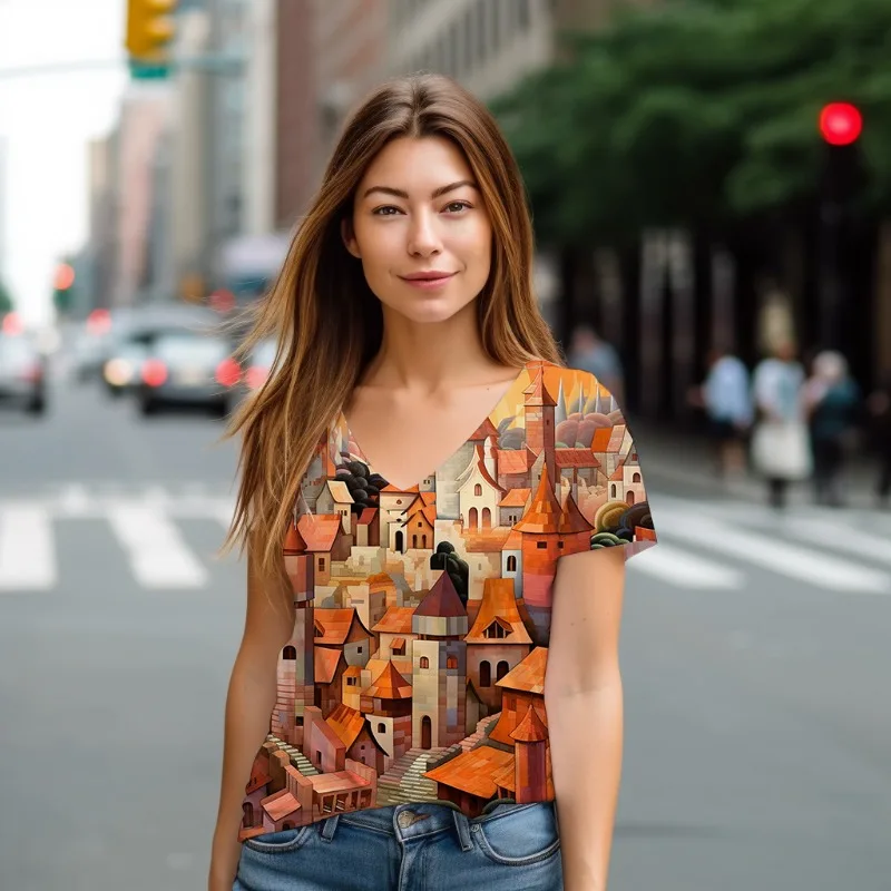 

New High Quality Women's Casual Comfort V-Neck T-shirt Summer Fashion Versatile T-shirt Colorful Temperament 3D Printing T-shirt